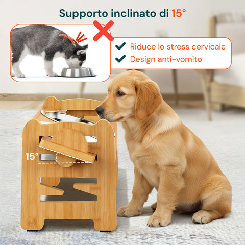 Doppia Ciotola Rialzate Regolabili 250ml per Cani e Gatti con 3 Altezze