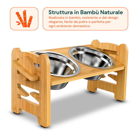 Doppia Ciotola Rialzate Regolabili 250ml per Cani e Gatti con 3 Altezze