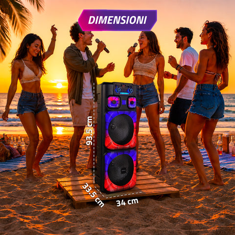 Cassa Bluetooth Karaoke XL 90 cm 800W con LED RGB e 2 Microfoni Wireless Inclusi