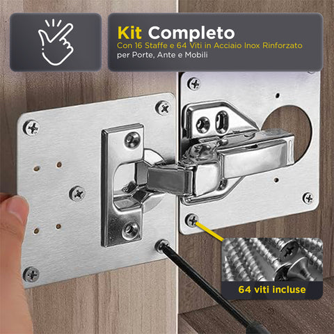 Set 16 Staffe 64 Viti in Acciaio Inox – Riparazione Cerniere e Mobili