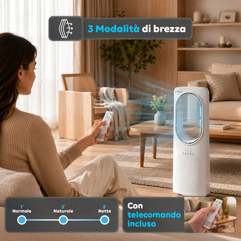 Ventilatore Senza Pale 50W Compatto con Telecomando e Spegnimento Automatico