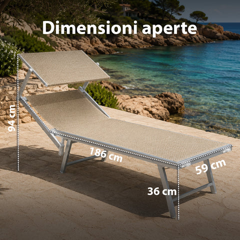 Lettino Prendisole Pieghevole in Alluminio e Textilene con Tettuccio Parasole 360° – Schienale Reclinabile e Portata 150kg