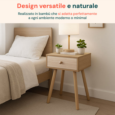 Tavolino da Letto in Bambù 47x40x30 cm con Cassetto e Stile Retrò