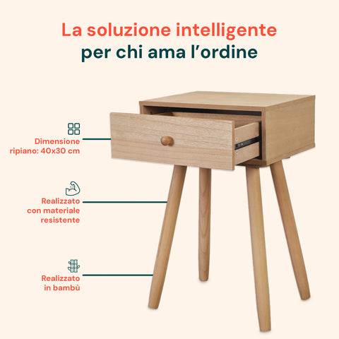 Tavolino da Letto in Bambù 47x40x30 cm con Cassetto e Stile Retrò