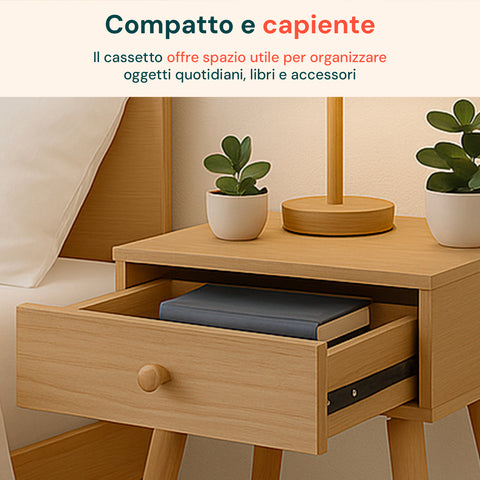 Tavolino da Letto in Bambù 47x40x30 cm con Cassetto e Stile Retrò