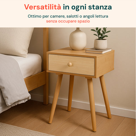 Tavolino da Letto in Bambù 47x40x30 cm con Cassetto e Stile Retrò