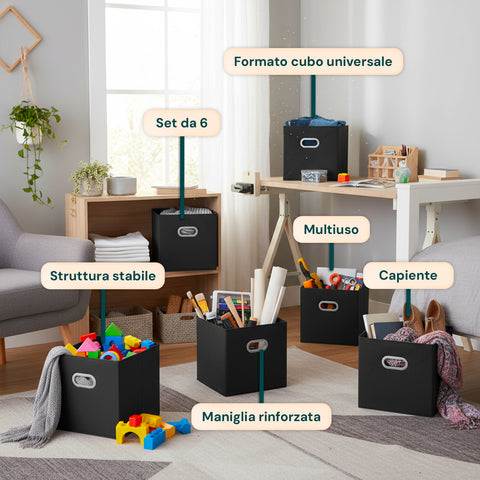 Set 6 Cestini Pieghevoli Salvaspazio con Maniglia in Plastica – 27x27x27 cm