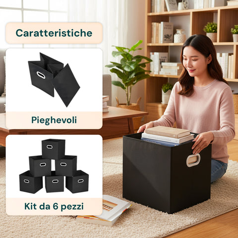 Set 6 Cestini Pieghevoli Salvaspazio con Maniglia in Plastica – 27x27x27 cm