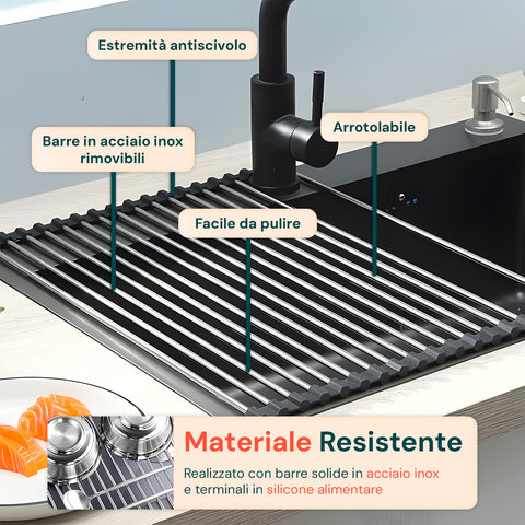Scolapiatti Arrotolabile in Acciaio Inox 43x35 cm – Resistente e Antiscivolo