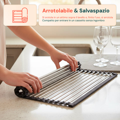 Scolapiatti Arrotolabile in Acciaio Inox 43x35 cm – Resistente e Antiscivolo