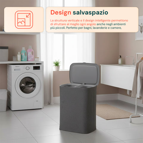 Portabiancheria Doppio 90 Litri con Coperchio Ergonomico e 2 Sacche Rimovibili