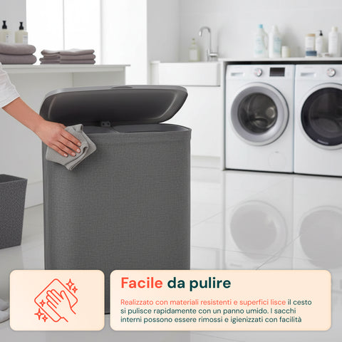 Portabiancheria Doppio 90 Litri con Coperchio Ergonomico e 2 Sacche Rimovibili