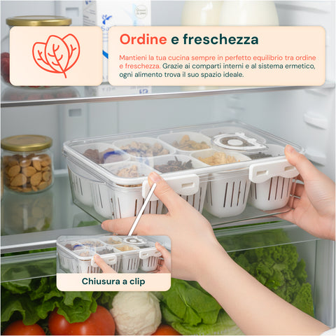 Contenitore con 8 Scomparti in PP – Chiusura a Clip e Funzione Sgocciolatoio