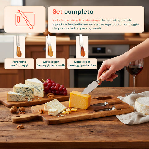 Set 3 Utensili per Degustazione Formaggi con Tagliere in Legno d'Acacia