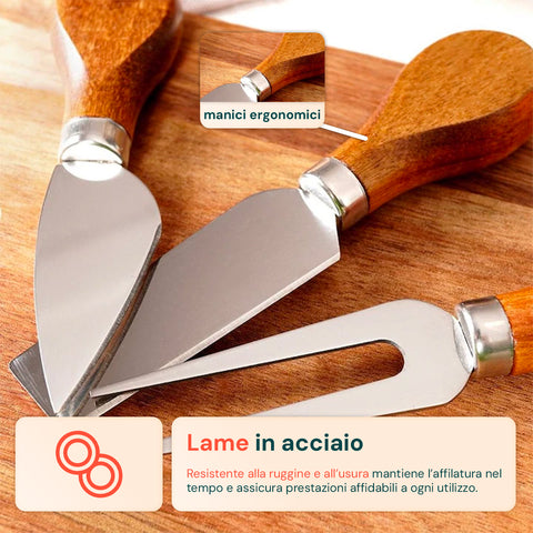 Set 3 Utensili per Degustazione Formaggi con Tagliere in Legno d'Acacia