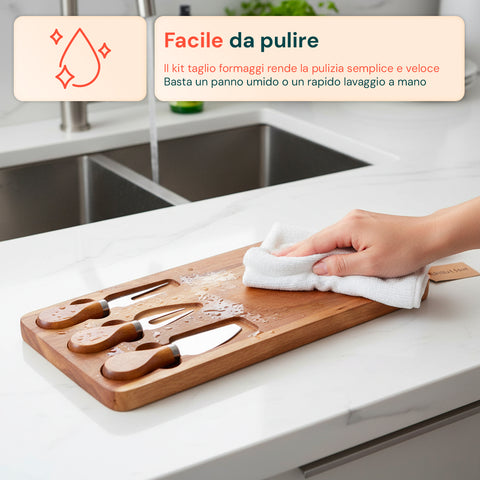 Set 3 Utensili per Degustazione Formaggi con Tagliere in Legno d'Acacia