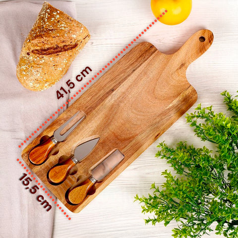 Set 3 Utensili per Degustazione Formaggi con Tagliere in Legno d'Acacia