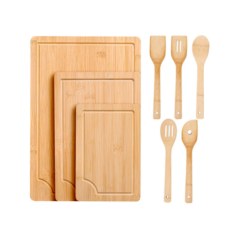 Set Taglieri in Bamboo – 3 Taglieri + 5 Utensili da Cucina Inclusi