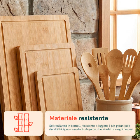 Set Taglieri in Bamboo – 3 Taglieri + 5 Utensili da Cucina Inclusi