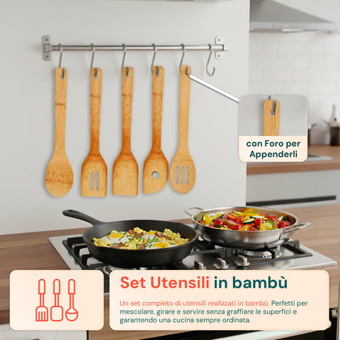 Set Taglieri in Bamboo – 3 Taglieri + 5 Utensili da Cucina Inclusi