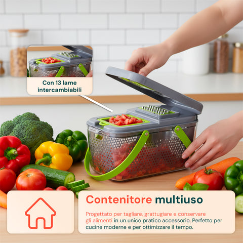 Affetta Verdure 7 in 1 – Tagliaverdure con Lame Affilate e Cestello Raccolta