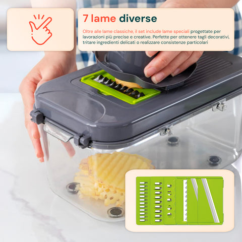 Affetta Verdure 7 in 1 – Tagliaverdure con Lame Affilate e Cestello Raccolta