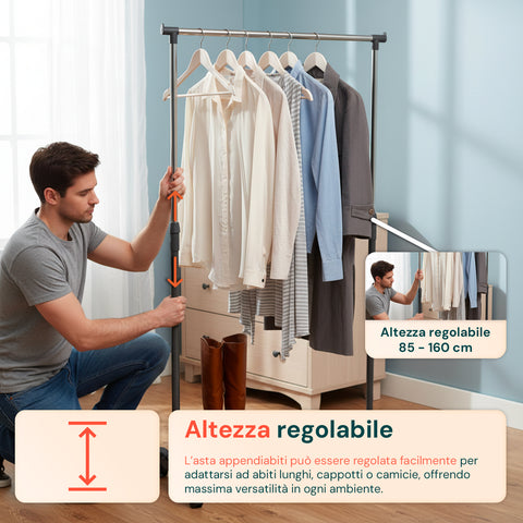 Appendiabiti Regolabile in Metallo – Stand Portabiti con Ruote 360° da 85 a 160 cm