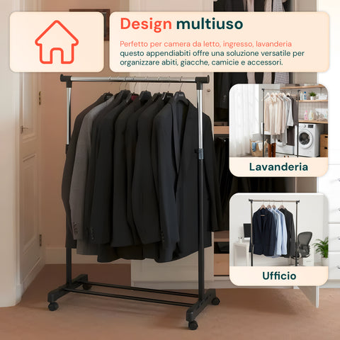 Appendiabiti Regolabile in Metallo – Stand Portabiti con Ruote 360° da 85 a 160 cm