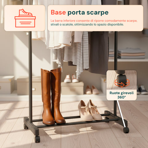 Appendiabiti Regolabile in Metallo – Stand Portabiti con Ruote 360° da 85 a 160 cm