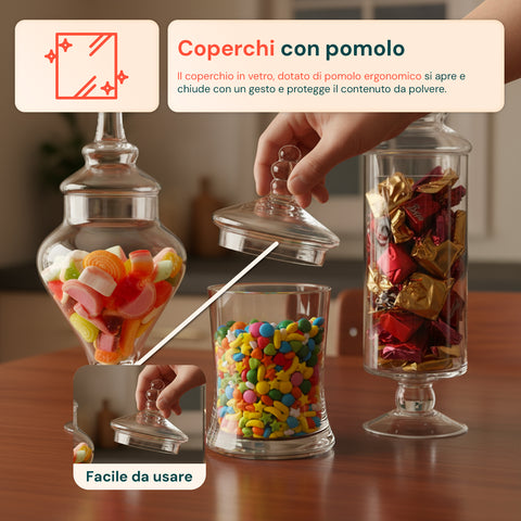 Barattoli di Vetro Varie Forme Multiuso con Coperchi – Set da 3