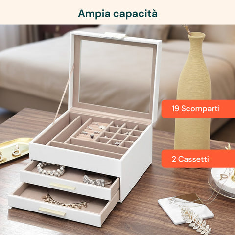 Organizer Portagioielli a 3 Livelli con Coperchio in Vetro e 2 Cassetti
