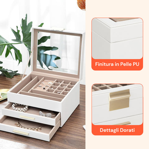 Organizer Portagioielli a 3 Livelli con Coperchio in Vetro e 2 Cassetti