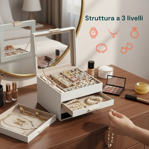 Organizer Portagioielli a 3 Livelli con Coperchio in Vetro e 2 Cassetti