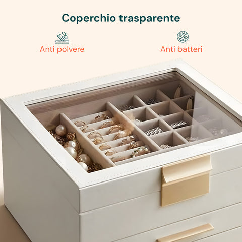 Organizer Portagioielli a 3 Livelli con Coperchio in Vetro e 2 Cassetti