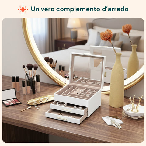 Organizer Portagioielli a 3 Livelli con Coperchio in Vetro e 2 Cassetti