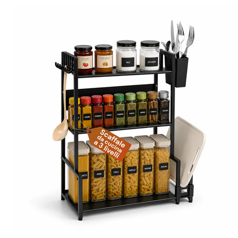 Scaffale da Cucina 3 Livelli in Ferro con Porta Utensili e Supporto Tagliere