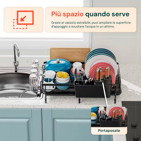 Scolapiatti Modulare Salvaspazio con Portaposate Estensibile 30/53 cm