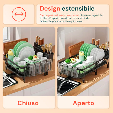 Scolapiatti Modulare Salvaspazio con Portaposate Estensibile 30/53 cm