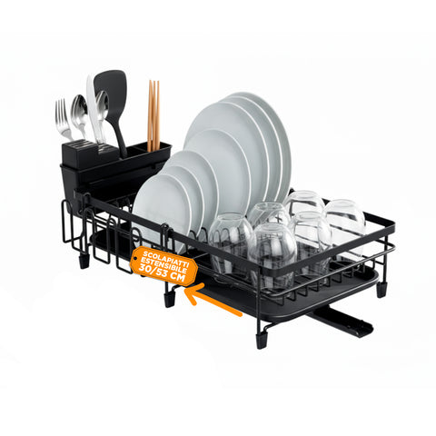 Scolapiatti Modulare Salvaspazio con Portaposate Estensibile 30/53 cm