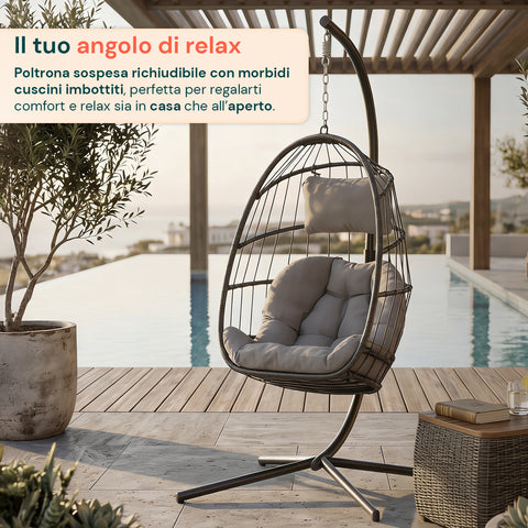 Poltrona Sospesa da Giardino Richiudibile con Cuscini Imbottiti  in Acciaio Zincato e Effetto Rattan -  Portata 160kg