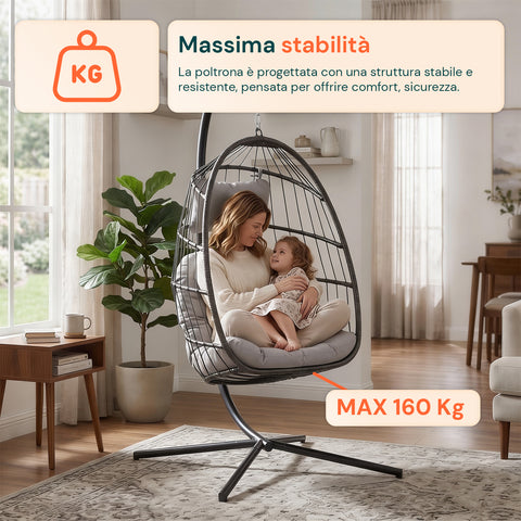 Poltrona Sospesa da Giardino Richiudibile con Cuscini Imbottiti  in Acciaio Zincato e Effetto Rattan -  Portata 160kg