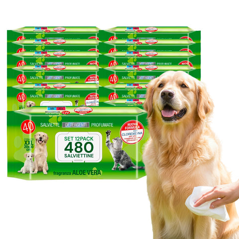 Salviette Pets 40 / 480 pz con Aloe – Detergenti e Deodoranti per Uso Quotidiano