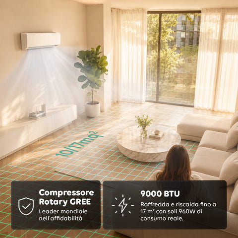 Climatizzatore 9000/12000/18000 BTU, A+/A++, Gas R32, Wi-Fi, Unità Interna ed Esterna, Display LED