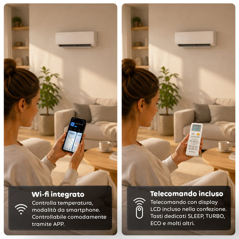 Climatizzatore 9000/12000/18000 BTU, A+/A++, Gas R32, Wi-Fi, Unità Interna ed Esterna, Display LED