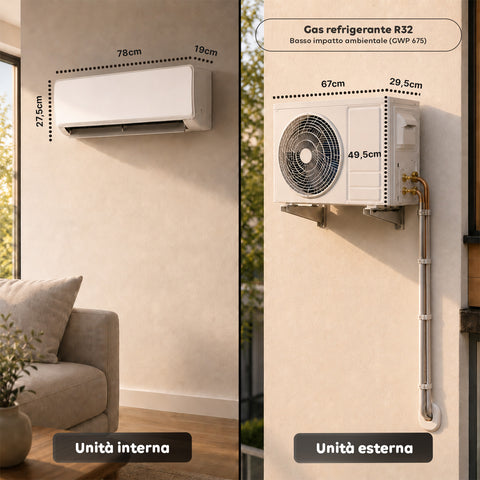 Climatizzatore 9000/12000/18000 BTU, A+/A++, Gas R32, Wi-Fi, Unità Interna ed Esterna, Display LED