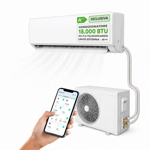 Climatizzatore 9000/12000/18000 BTU, A+/A++, Gas R32, Wi-Fi, Unità Interna ed Esterna, Display LED