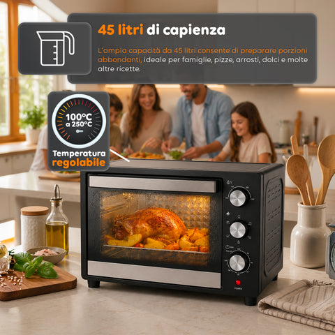 Forno Elettrico da Banco 45 Litri Ventilato con Timer e Doppio Vetro 1800W con Accessori
