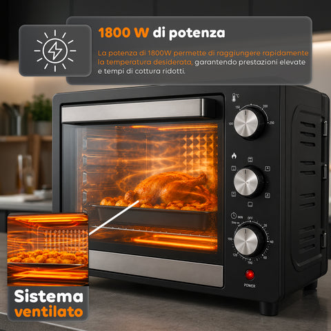 Forno Elettrico da Banco 45 Litri Ventilato con Timer e Doppio Vetro 1800W con Accessori