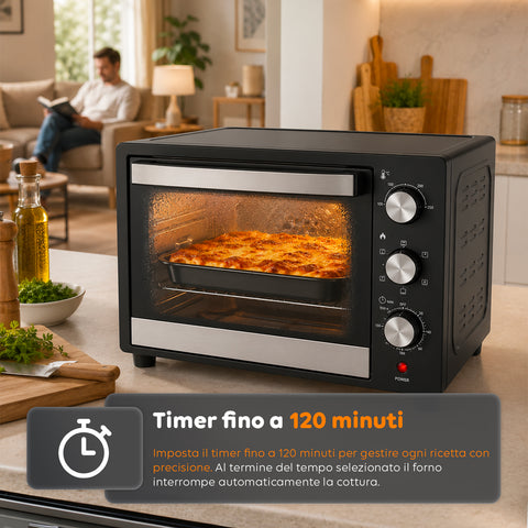 Forno Elettrico da Banco 45 Litri Ventilato con Timer e Doppio Vetro 1800W con Accessori