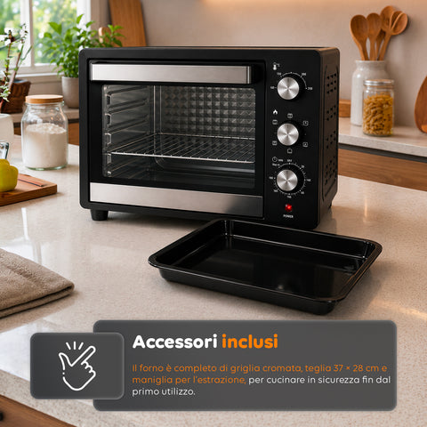 Forno Elettrico da Banco 45 Litri Ventilato con Timer e Doppio Vetro 1800W con Accessori